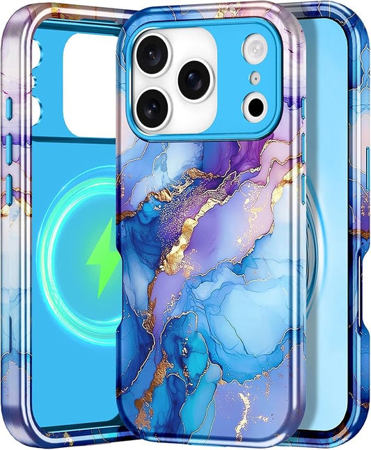 Btscase for iPhone 17 Pro Case [Compatible with Magsafe] [Military-Grade Drop Protection] Slim Anti-Scratch Smooth Touch TPU Bumper Shockproof Magnetic Phone Case for Women Girls Men, Blue Gold