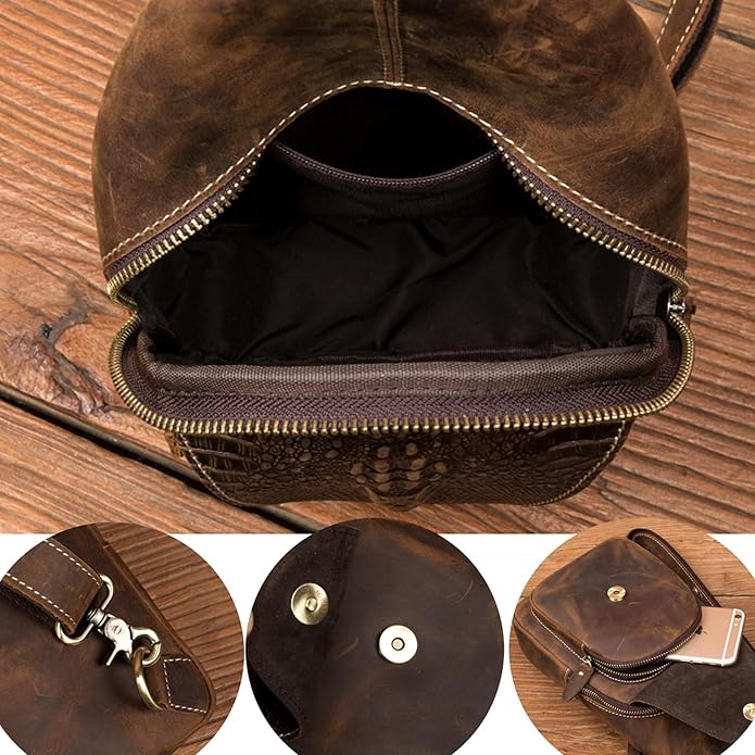 Genuine Leather Sling Bag for Men Women Backpack Chest Shoulder Satchel Crossbody Bags Casual Outdoor Daypack