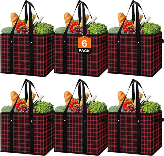 WISELIFE Reusable Grocery Bags 6 Pack,Large Grocery Tote Bag Water Resistant Shopping Bags Foldable Grocery Bag for Clothes,Shoes and Picnic,Red