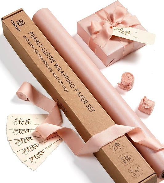 Vitalizart Pink Wrapping Paper Set 17" Pearly-Lustre With Silk Like Satin Ribbon & Gift Tags Recyclable Christmas Gift Wrapping Birthday Baby Shower Wedding Handmade Crafts 197"(16.4 Ft)