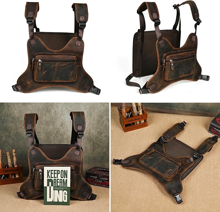 Thick Crazy horse Leather Triangle Crossbody Sling Chest Bag Travel One Shoulder Bag Daypack For Men Male 3028