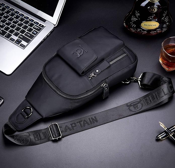 BULLCAPTAIN Mens Leather Crossbody Bag Shoulder Sling Bag Casual Daypacks Chest Bags for Travel Hiking Backpacks