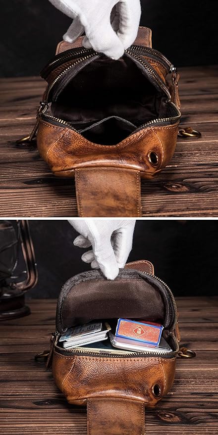 Le'aokuu Men Outdoor Casual Travel Hiking Tea Crossbody Chest Sling Bag Rig One Shoulder Strap Bag Backpack Men Leather