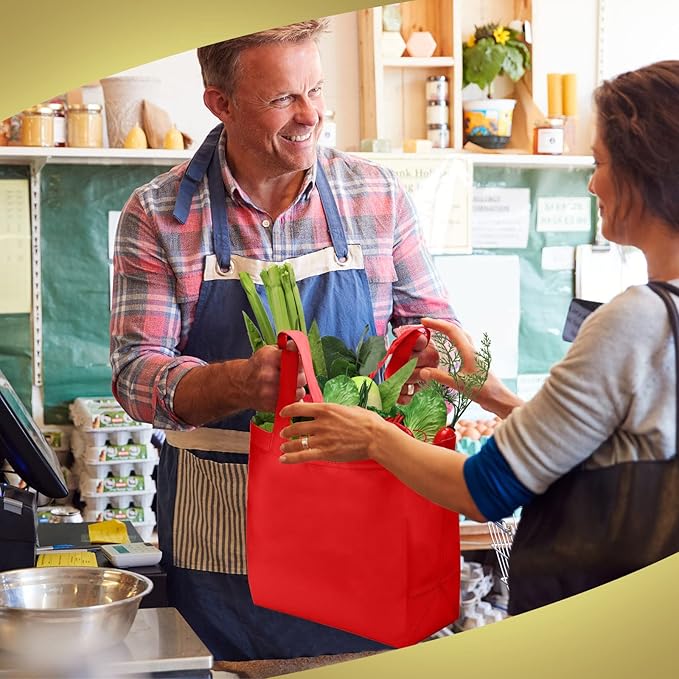 Reginary Reusable Totes Bags - 100 Pcs Non Woven Grocery Handle Bags for Shop Events & Retail Store(Red)