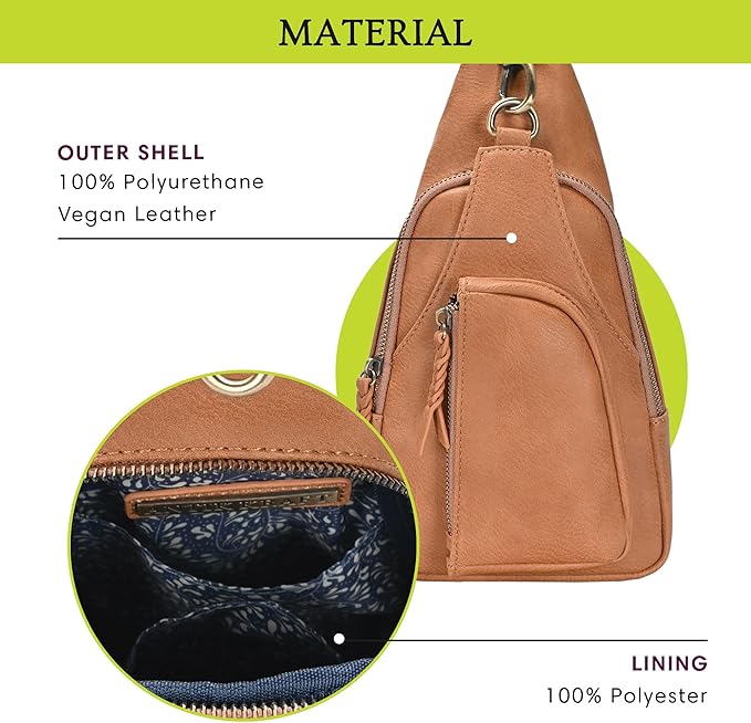 Antik Kraft Tasha Crossbody Sling (Camel) | Vegan Leather Crossbody Bag for Women with 16-20" Strap | Sling Bags for Women with Durable Antique Brass Hardware | 7in x 2.5in x 12.5in |