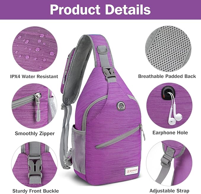 ZOMAKE Sling Bag,Small Crossbody Sling Backpack,Water Resistant Shoulder Daypack for Travel,Anti Thief Chest Bag for Hiking(Purple(Stripe))