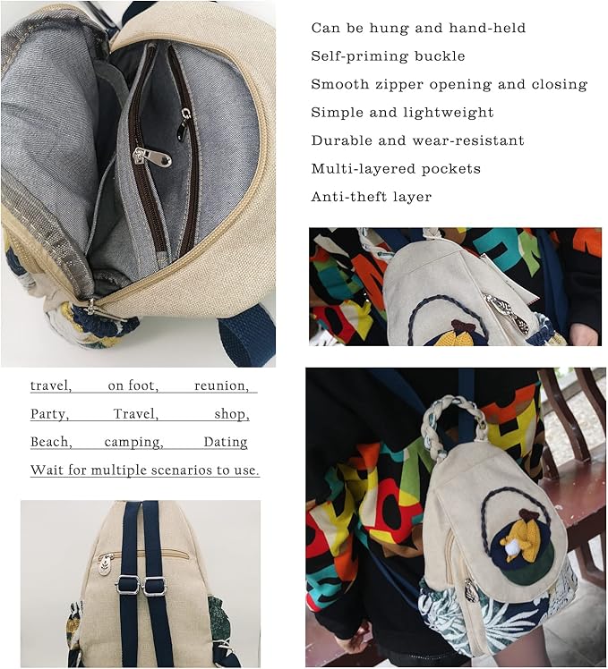 HUANGGUOSHU Women Cotton Woven Bohemian Hemp Boho Canvas Embroidery Multi Pocket Retro Cute Backpack Wallet Backpack（Corn）