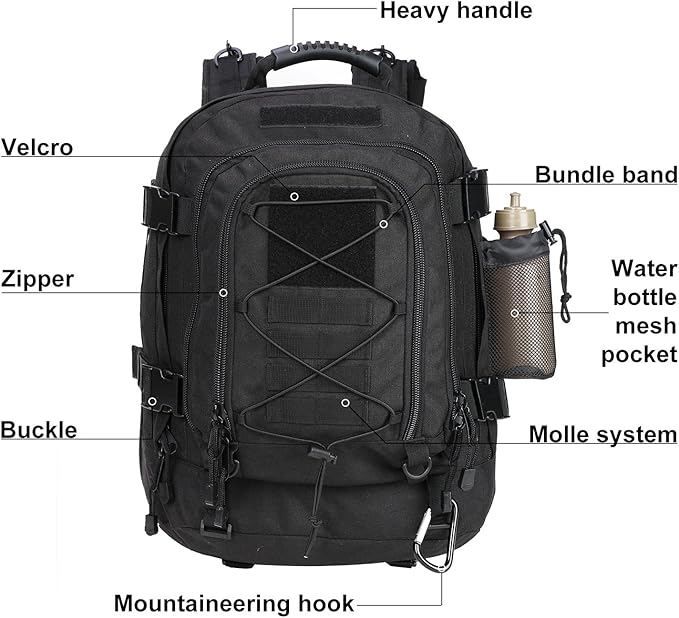 Large Tactical Backpack for Men Military Backpack with DIY System for Travel, Work,Camping,Hunting,Hiking,Sports (BLACK)