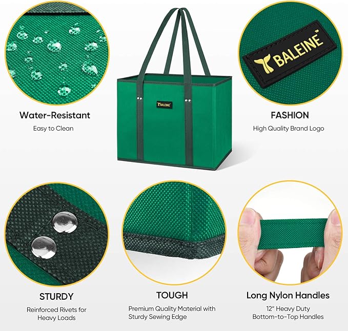 BALEINE 3Pk Reusable Grocery Bags, Foldable Shopping Bags for Groceries with Reinforced Bottom & Handles (Green)