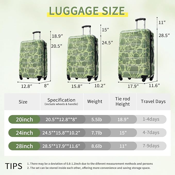 Merax Luggage Sets 3 Piece, Hardside Suitcase Set with Spinner Wheels, Lightweight Printing Luggage Carry on,20+24+28 IN,Green