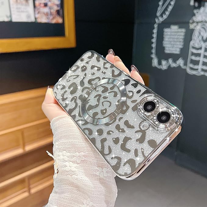 for iPhone 16 Case Magnetic,Soft Cute Luxury Leopard Cheetah Pattern Plating Glitter Bling Phone Case Compatible with MagSafe Clear Shockproof Back Cover for Women Girl 6.1"-Silver