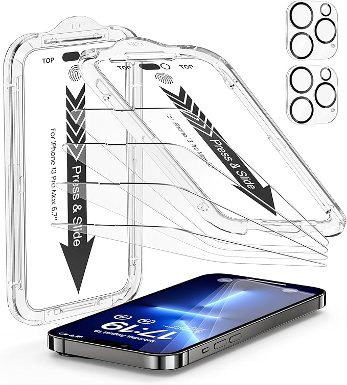 EZ-GLAZ- 4 Pack for iPhone 13 Pro Max Screen Protector [6.7"] With 2 Pack Camera Lens Protector, 9H+ Hardness 12FT Military Grade Shatterproof Scratch Resistant Durable Tempered Glass Film with Flawless Fit Kit, HD Clear
