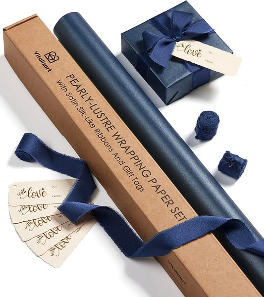 Vitalizart Blue Wrapping Paper Set 30" Pearly-Lustre With Silk Like Satin Ribbon & Gift Tags Recyclable Eco-Friendly Christmas Gift Wrapping Birthday Baby Shower Wedding Handmade Crafts 197"(16.4 Ft)