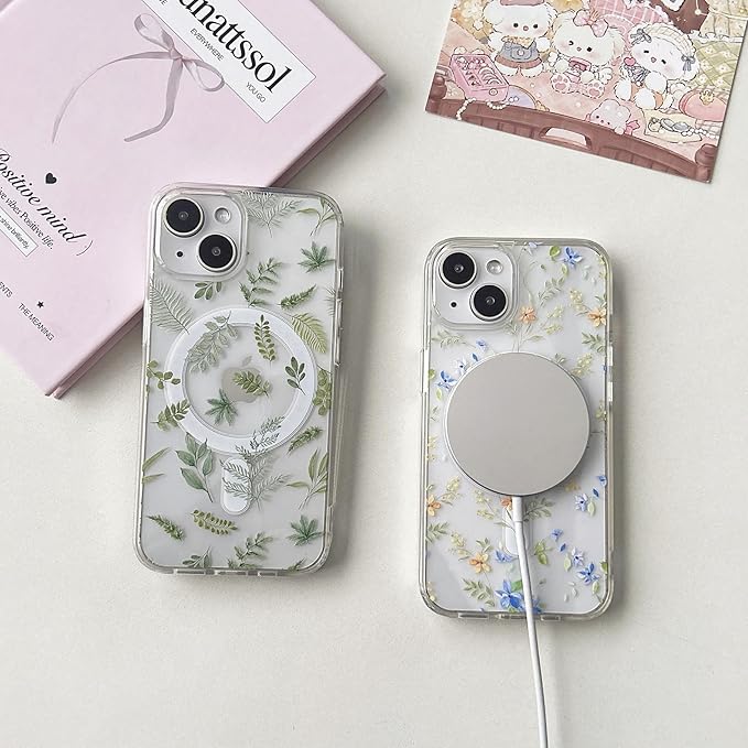 ZTOFERA for iPhone 13/14 Magnetic Case Compatible with Magsafe,Aesthetic Floral Pattern Design Cute for Girl Women,Anti-Drop Protective Hard Phone Cover for iPhone 13/14-Green Leaf