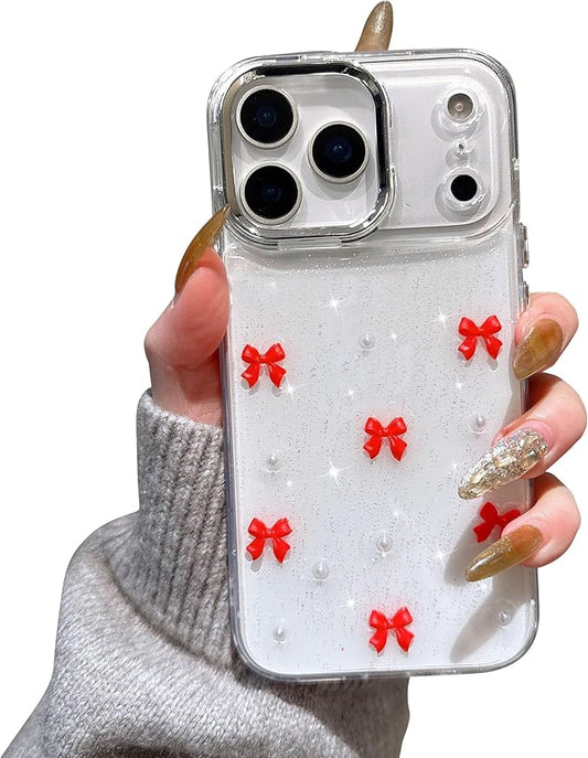 EYZUTAK Case for iPhone 17 Pro, Bling Glitter 3D Bowknot Phone Case Cute Sparkly Crystal Clear Bow Aesthetic Design Cover Slim Soft Durable TPU Transparent Protective Cover for Women Girl - Red Bow