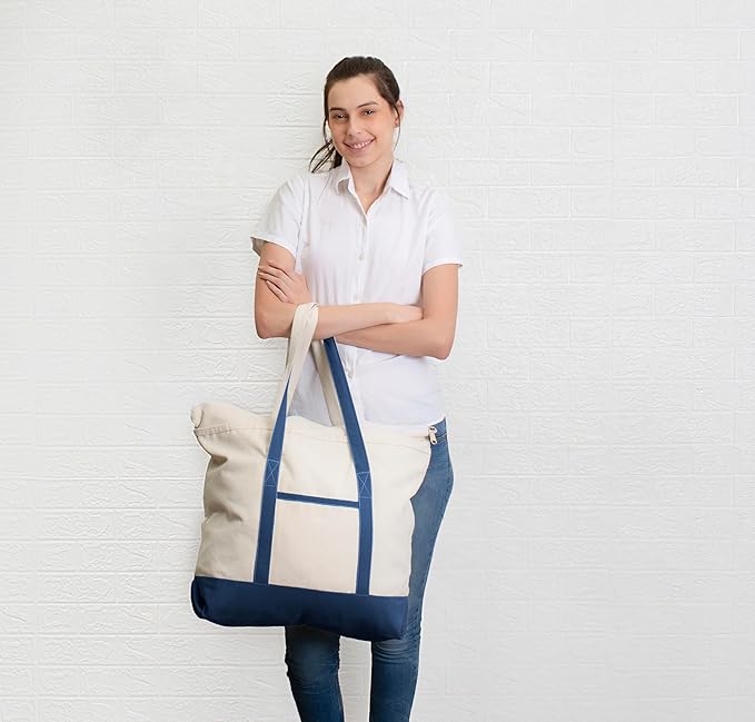 Cotton Canvas Tote Bag with an External Pocket & Top-Zipper Closure For - Gym, Beach, DIY, Work, Travel, Shopping