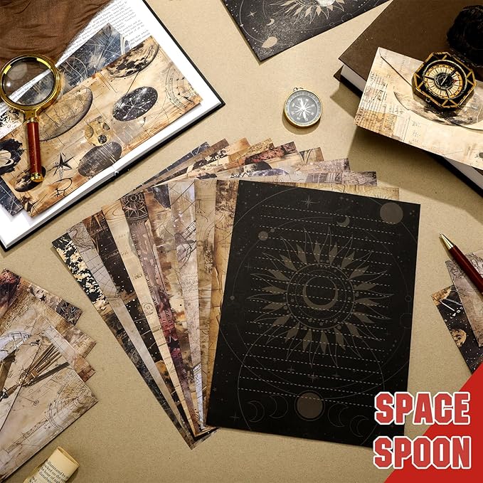 TaoBary 160 Pcs Stationery Paper Set 50 Double Sided Stationery Papers with 50 Matching Envelopes and 60 Round Dot Sticker, 10 Design(Space Moon Celestial,8.5 x 11 Inch)