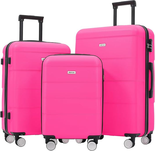 Merax Luggage Sets of 3 Piece Carry on Suitcase Airline Approved,Hardcase Suitcase Set with Double Spinner Wheels,Pink