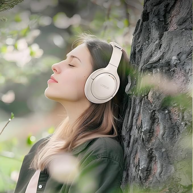 LORELEI QC60 Hybrid Active Noise Cancenlling Headphones,Wireless over ear Bluetooth Headsets with mic, 60H Playtime Foldable Lightweight, Deep Bass, Memory Earmuffs,for Travel Home Office(Beige White)