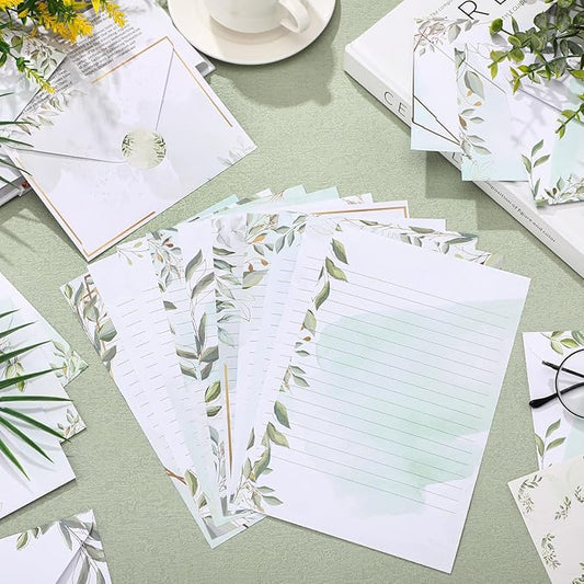 TaoBary 160 Pcs Stationery Paper Set 50 Double Sided Stationery Papers with 50 Matching Envelopes and 60 Round Dot Sticker, 10 Design(Eucalyptus,5.5 x 8.25 Inch)