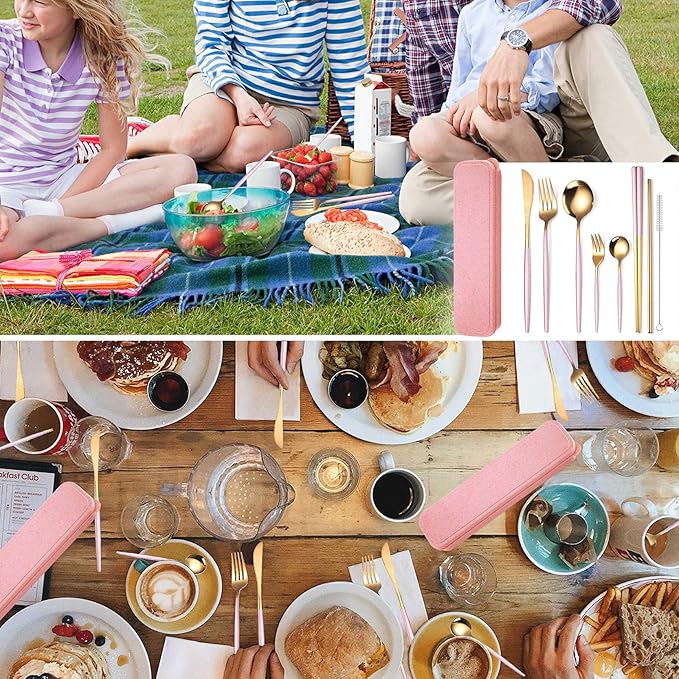 AARAINBOW 8 Pieces Stainless Steel Flatware Set Portable Reusable Cutlery Set Travel Utensils Set Including Chopsticks Knife Fork Spoon Straws Cleaning Brush Dishwasher Safe (Pink Golden)
