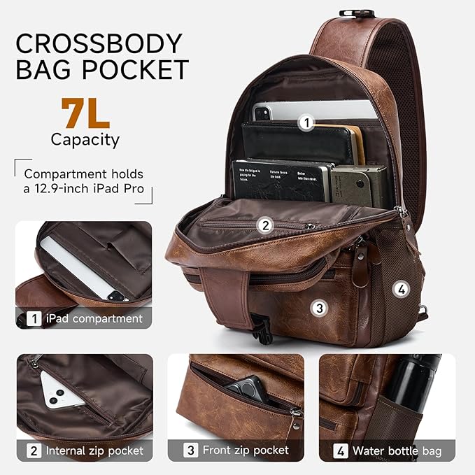 Sling Bag for Men Leather Crossbody Bag with Handgun Holder and USB Charging Port, Vintage Cross Body Pack, 7L Small Casual Daypacks for Travel, Commute, Cycling (Brown)