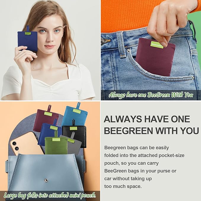 BeeGreen Reusable Bags Tote Bags for Women - 6 Pack Bulk Extra Large Reusable Gifts Bag with Handles - Heavy Duty Foldable Machine Washable Travel Grocery Bag Organizer (Packable Shopping Bags)