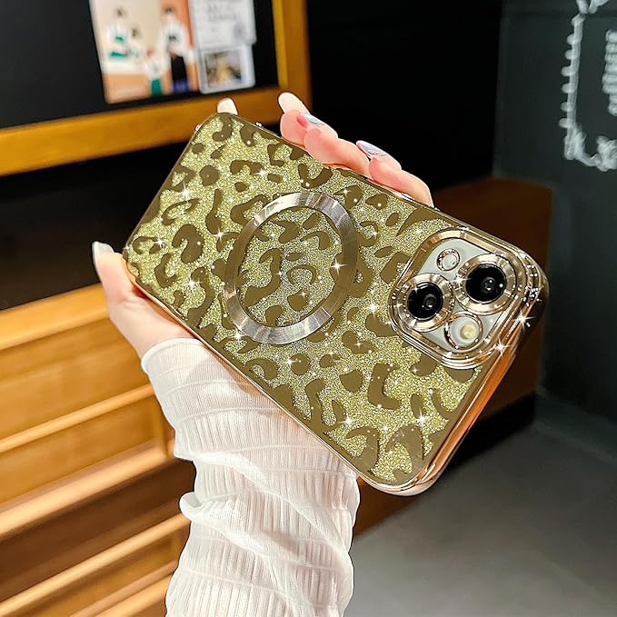 for iPhone 15 Case Magnetic,Soft Cute Luxury Leopard Cheetah Pattern Plating Glitter Bling Phone Case Compatible with MagSafe Clear Shockproof Back Cover for Women Girl 6.1"-Gold