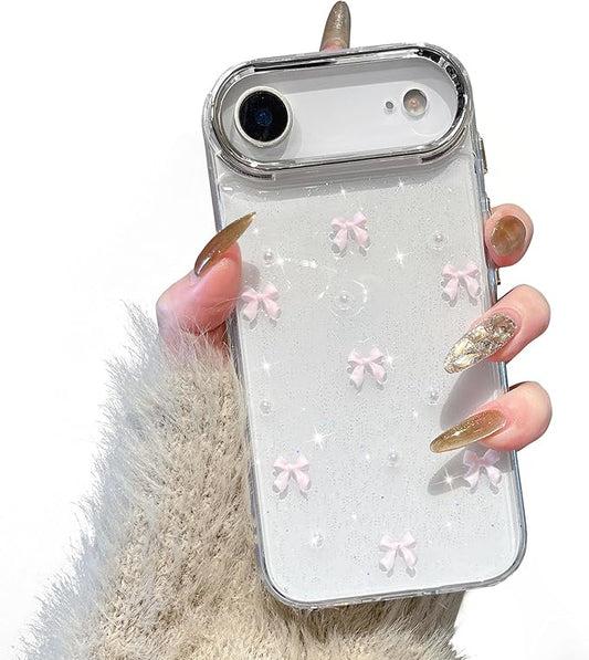 EYZUTAK Case for iPhone Air, Bling Glitter 3D Bowknot Phone Case Cute Sparkly Crystal Clear Bow Aesthetic Design Cover Slim Soft Durable TPU Transparent Protective Cover for Women Girl - Pink Bow