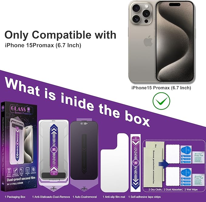 2 Pack Matte Privacy Screen Protector for iPhone 15 Pro Max, 9H Tempered Glass, Full Coverage, Anti-Fingerprint, Auto Dust-Elimination, No Bubble, Easy Installation