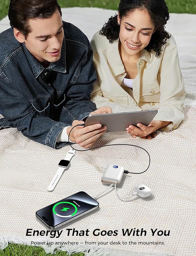 Portable Charger with Built in Cables & Wall Plug,10000mAh Power Bank, 4 Outputs,22.5W USB C Fast Charging,Slim Travel Essential Battery Pack with LED Display for iPhone 17/16/15/14 Series, Samsung