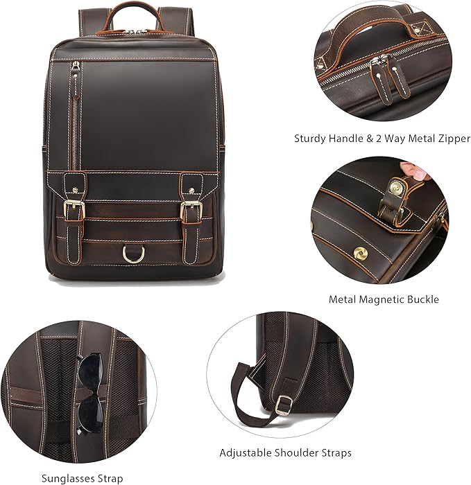 LANNSYNE Vintage Genuine Leather Backpack For Men Fits up to 16" Laptop Travel Hiking Rucksack