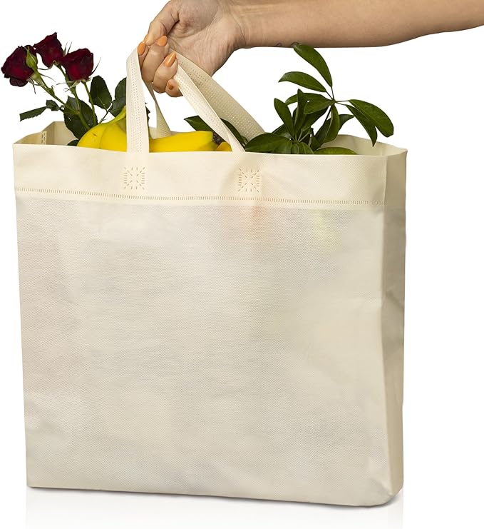 Simply Cool 50 Pack Reusable Eco-Friendly Grocery Shopping Bags 12.6"x6.3"x11.8" Durable, Recyclable, Washable, Foldable, Portable Tote Bags Bulk (50 Pack,Cream)