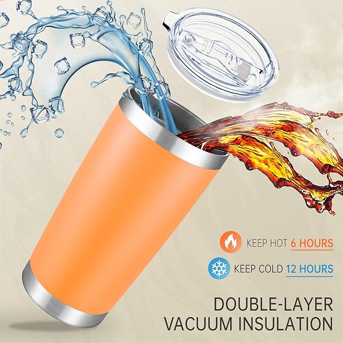 20 oz Tumblers Bulk Stainless Steel Tumbler with Lid Double Wall Vacuum Insulated Coffee Mug 20oz Powder Coated Cup for Hot and Cold Drinks, Orange, 6 pack