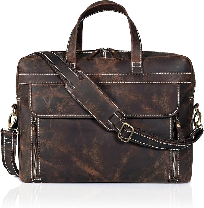 HLC 18 Inch Full Grain Leather Briefcase messenger shoulder bags for men and women
