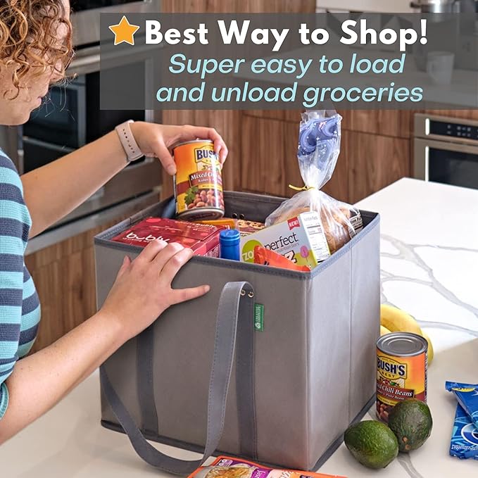 Reusable Grocery Bags (3 Pack) – Heavy Duty Reusable Shopping Bags with Box Shape to Stand Up and Stay Open – Large Tote Bags with Long Handles & Reinforced Bottom – Foldable Utility Bag – Chevron