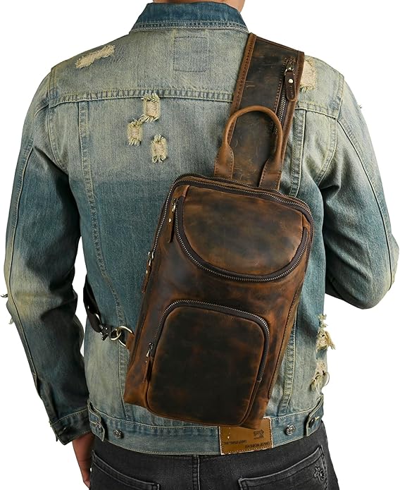 Thick Crazy horse Leather Triangle Crossbody Sling Chest Bag Travel One Shoulder Bag Daypack For Men Male 3028