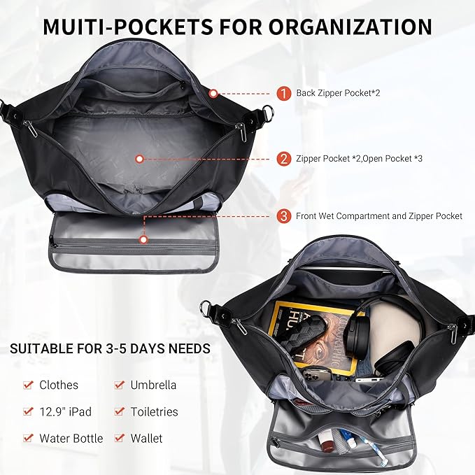 WITZMAN Travel Duffle Bags for Men Weekender Bags with Toiletry Bag Sets Carry On Overnight Bag 55L （B696 Black）