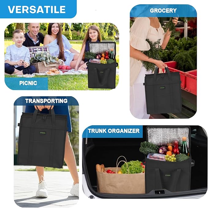 JUNGYOON 2-Pack Heavy-Duty Insulated Grocery Bags & Picnic Basket – Collapsible Cooler Bag with Zippered Top | Reusable Shopping Bags for Groceries, Picnics, Easy Storage(M Black)