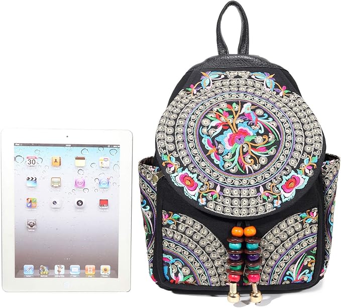 SILKAREA Vintage Embroidered Floral Ethnic Backpack Purse for Women Bohemian Handbag Shoulder Bag Travel Purse (Black S1)
