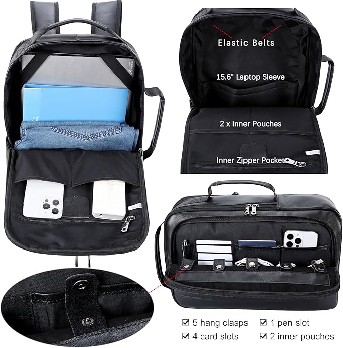Masa Kawa Slim Leather 15.6" Laptop Backpack for Men Convertible Briefcase Backpacks Expandable Black Business Work Bag Slim Travel Daypack