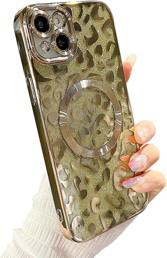 for iPhone 15 Case Magnetic,Soft Cute Luxury Leopard Cheetah Pattern Plating Glitter Bling Phone Case Compatible with MagSafe Clear Shockproof Back Cover for Women Girl 6.1"-Gold
