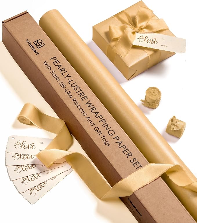 Vitalizart Gold Wrapping Paper Set 30" Pearly-Lustre With Silk Like Satin Ribbon & Gift Tags Recyclable Eco-Friendly Christmas Gift Wrapping Birthday Baby Shower Wedding Handmade Crafts 197"(16.4 Ft)