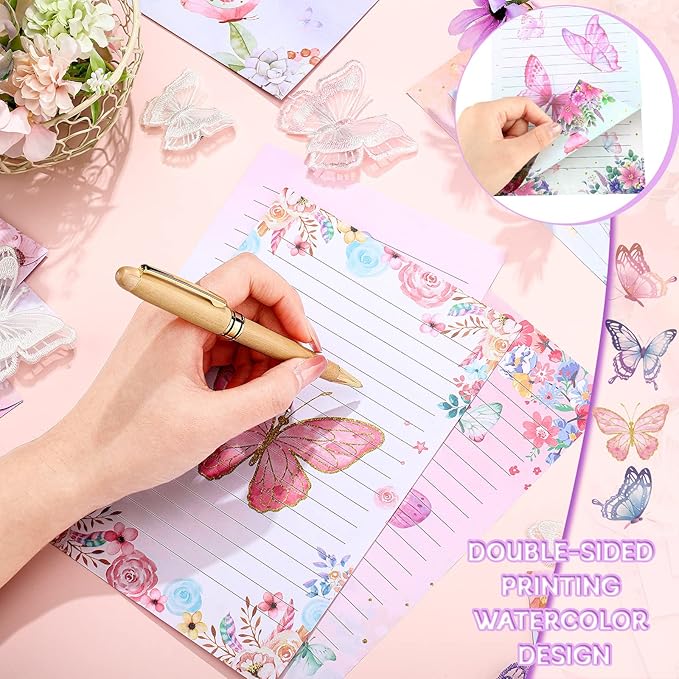 TaoBary 160 Pcs Stationery Paper Set 50 Double Sided Stationery Papers with 50 Matching Envelopes and 60 Round Dot Sticker, 10 Design(Watercolor Butterfly,5.5 x 8.25 Inch)