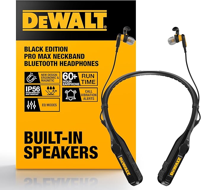 DEWALT Heavy Duty Black Edition 2-in-1 Neckband Bluetooth Headphones w/Built-in Speakers, Jobsite Wearable Speaker & Around Neck, Wireless Headset, 60+ Hrs Hands-Free Music & Calls, Carry Pouch