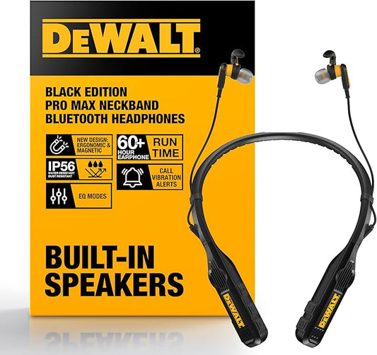 DEWALT Heavy Duty Black Edition 2-in-1 Neckband Bluetooth Headphones w/Built-in Speakers, Jobsite Wearable Speaker & Around Neck, Wireless Headset, 60+ Hrs Hands-Free Music & Calls, Carry Pouch