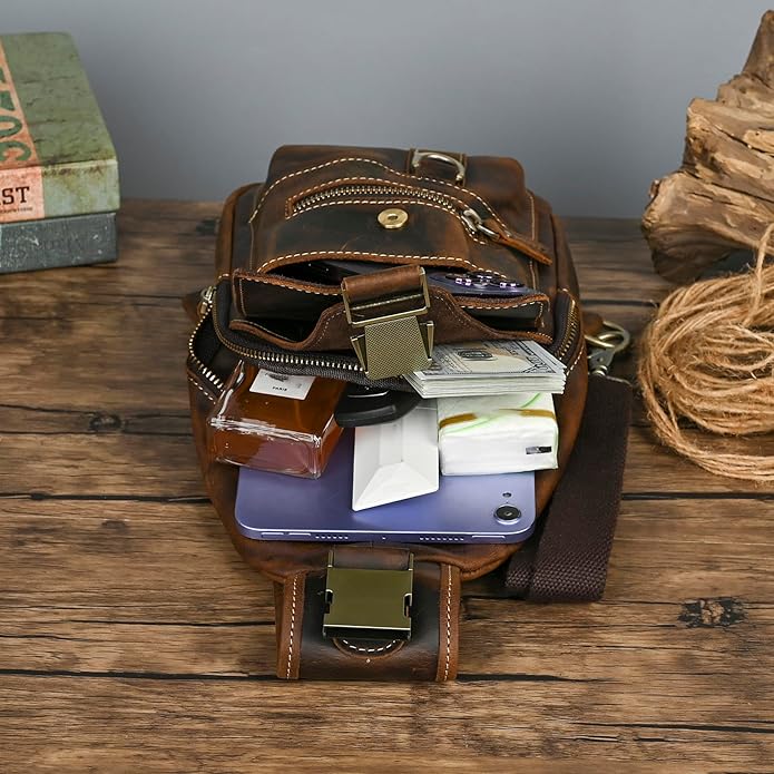 Genuine Leather Hiking Travel DayPack Sling Crossbody Triangle Chest Pack Bag For Men Women 8241