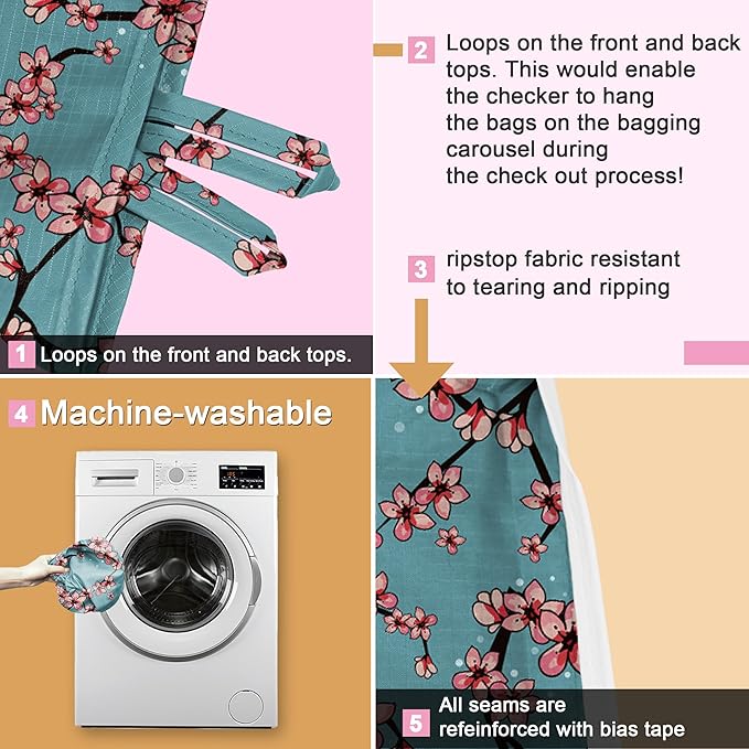 BeeGreen Floral Reusable Grocery Bags - X Large 50 LB Capacity,Foldable Tote Bag Gifts Fashionable Ripstop Polyester, Recyclable, Machine Washable Bulk Bags With Pouch - Ideal for Shopping