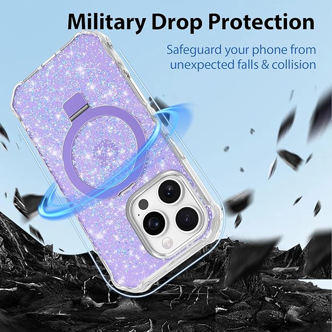 Magnetic for iPhone 16 Pro Case with Invisible Stand, Compatible with MagSafe, Clear Bling Sparkle Shockproof Slim Anti-Slip Military Drop Protection Hard Phone Case 6.1" Glitter Purple