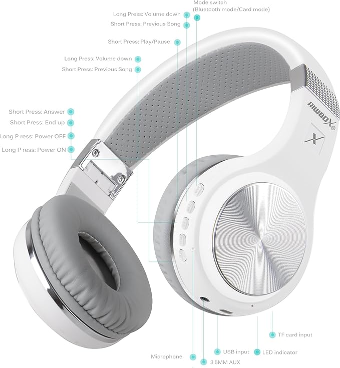 Riwbox Bluetooth Headphones, XBT-80 Folding Stereo Wireless Bluetooth Headphones Over Ear with Microphone and Volume Control, Wireless and Wired Headset for PC/Cell Phones/TV/iPad (Silver White)